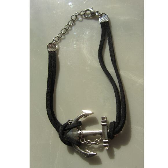 Silver Tone Christian Nautical Anchor Black Corded Adjustable Bracelet - Picture 1 of 1